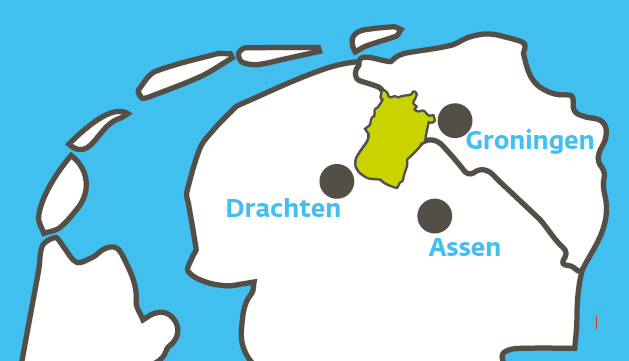 Gemeente Westerkwartier tussen de steden Groningen, Assen en Drachten op een kaart van het noordelijke deel van Nederland